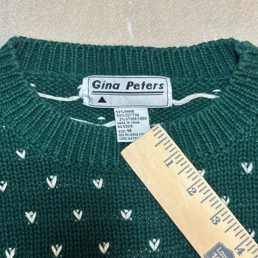 Vintage Gina Peters Christmas Sweater Women's Medium Trees Bells Green